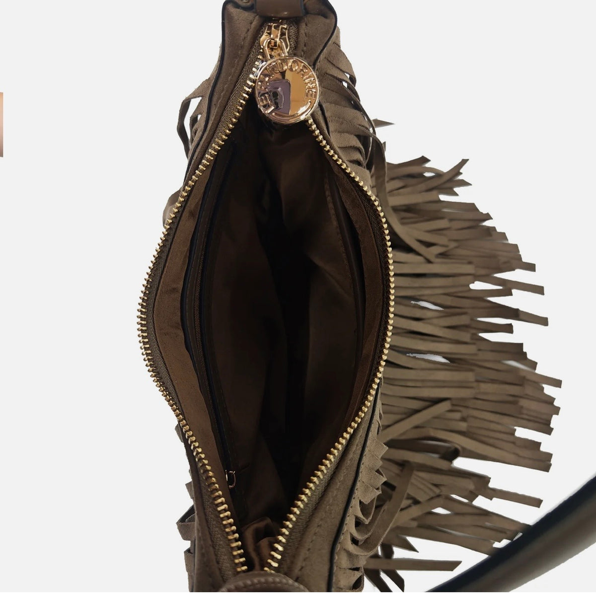 Arizona suede shoulder bag with taupe fringes
