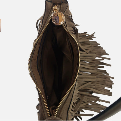 Arizona suede shoulder bag with taupe fringes